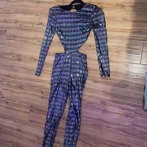 Sparkly catsuit, open back, padded shoulders, amazing quality, snatched waist